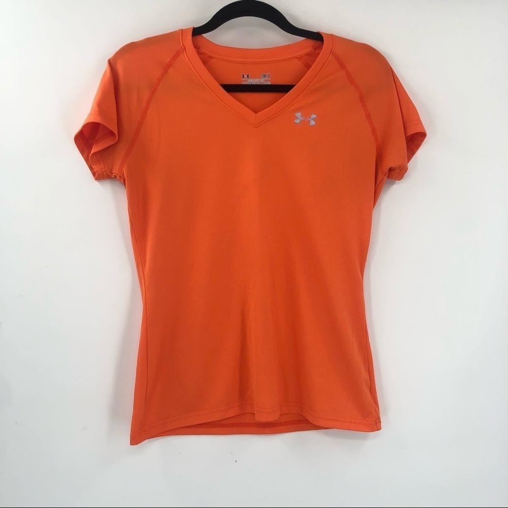 UNDER ARMOUR UA Short Sleeve Orange Active Top Tshirt Women V Neck Heat Gear
